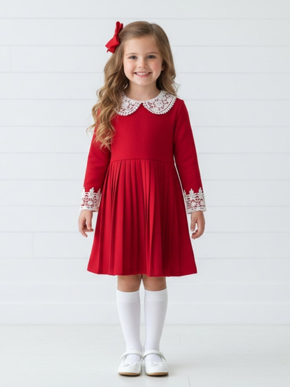 Red Pleated Long Sleeve Lace Accent Dress, girl, NWT
